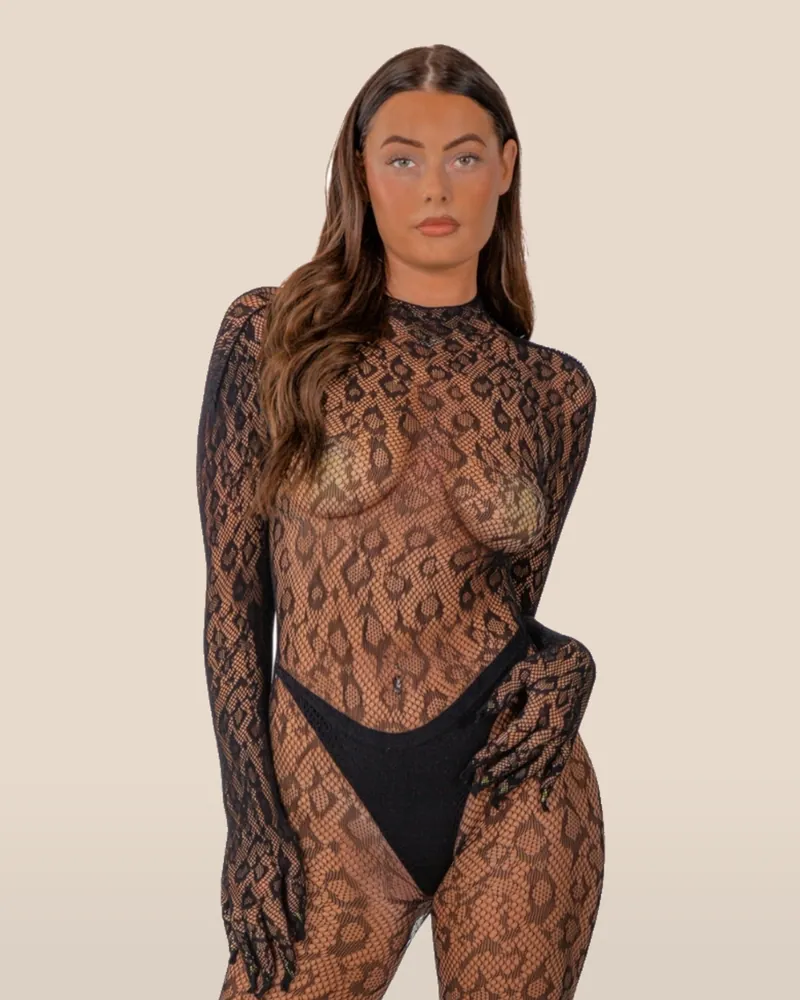 Lace by LJ Gloved Leopard Print Catsuit Black