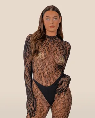 Lace by LJ Gloved Leopard Print Catsuit Black, view 1