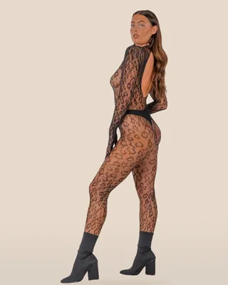 Lace by LJ Gloved Leopard Print Catsuit Black, view 3