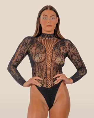 Lace by LJ High Neck Lace Bodysuit Black, view 1