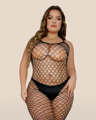 Lace by LJ Plus Size Footless Crochet Bodystocking, view 1