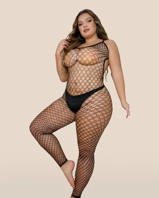 Lace by LJ Plus Size Footless Crochet Bodystocking, view 3
