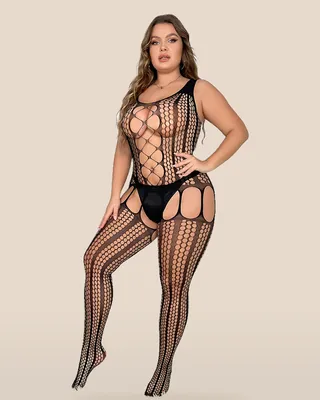 Lace by LJ Plus Size Lace Up Suspender Bodystocking, view 3