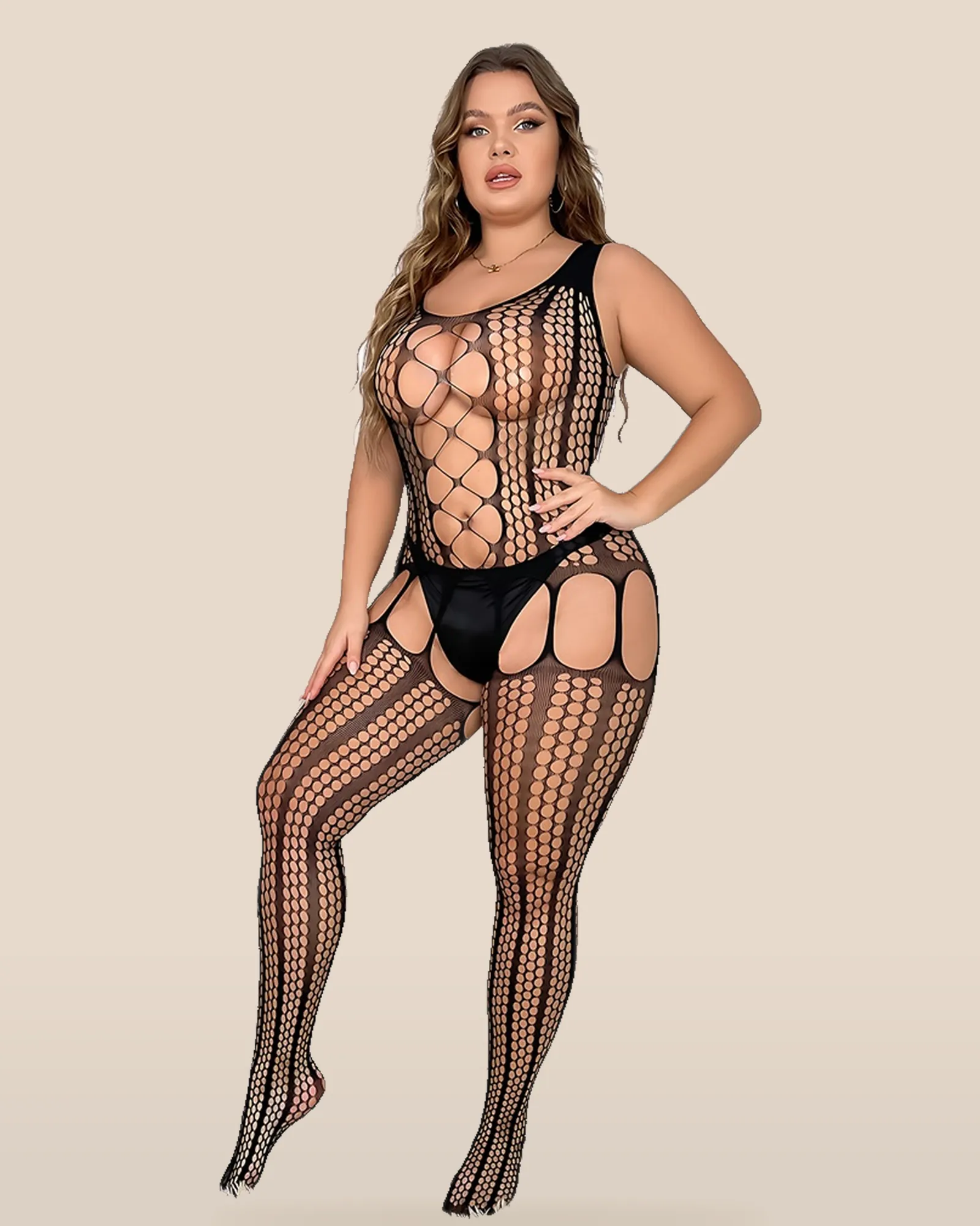 Lace by LJ Plus Size Lace Up Suspender Bodystocking, view 3