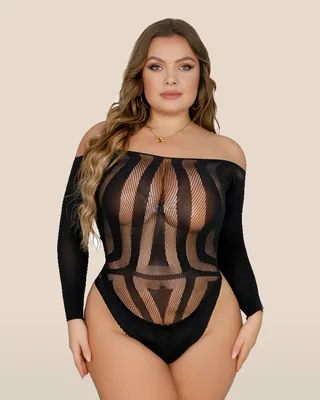 Lace by LJ Plus Size Long Sleeved Cut Out Back Bodysuit, view 1