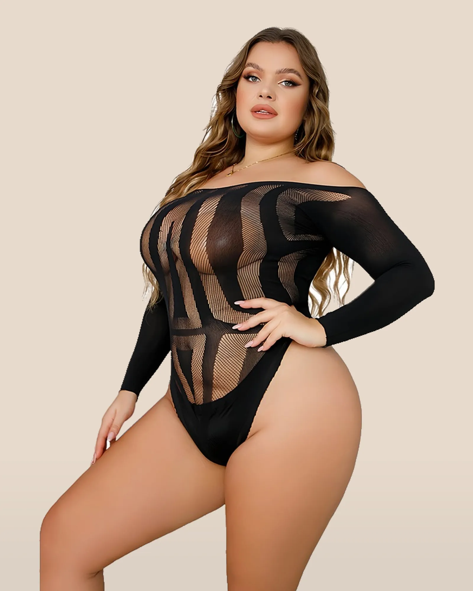 Lace by LJ Plus Size Long Sleeved Cut Out Back Bodysuit, view 3