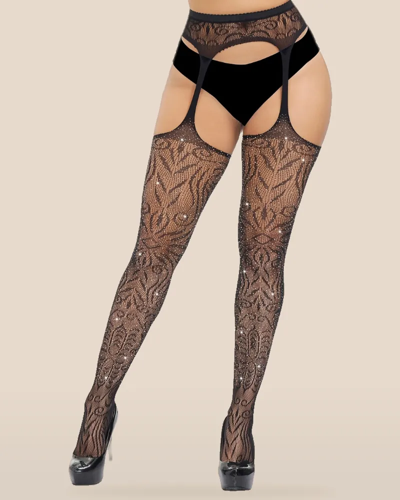 Lace by LJ Plus Size Suspender Pantyhose with Rhinestones