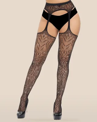 Lace by LJ Plus Size Suspender Pantyhose with Rhinestones, view 1