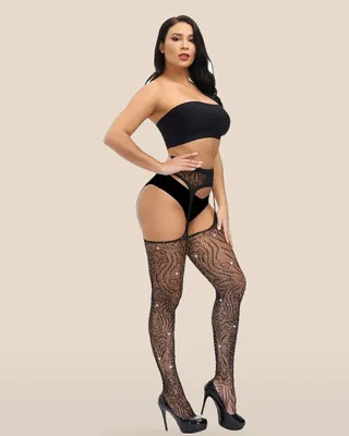 Lace by LJ Plus Size Suspender Pantyhose with Rhinestones, view 3