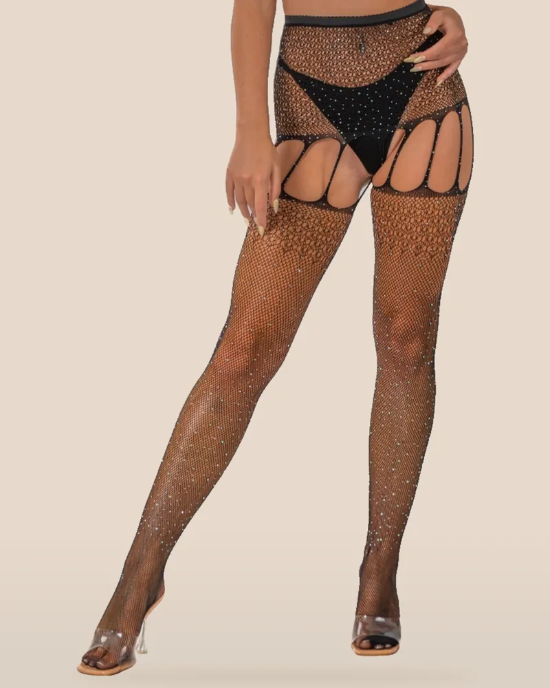 Lace by LJ Rhinestone Suspender Tights Black