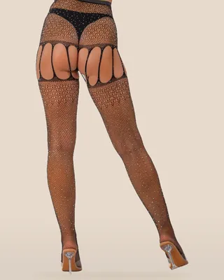 Lace by LJ Rhinestone Suspender Tights Black, view 3