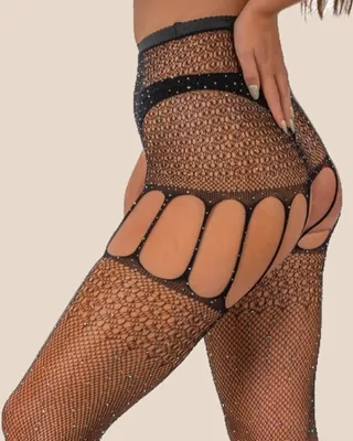 Lace by LJ Rhinestone Suspender Tights Black, view 4