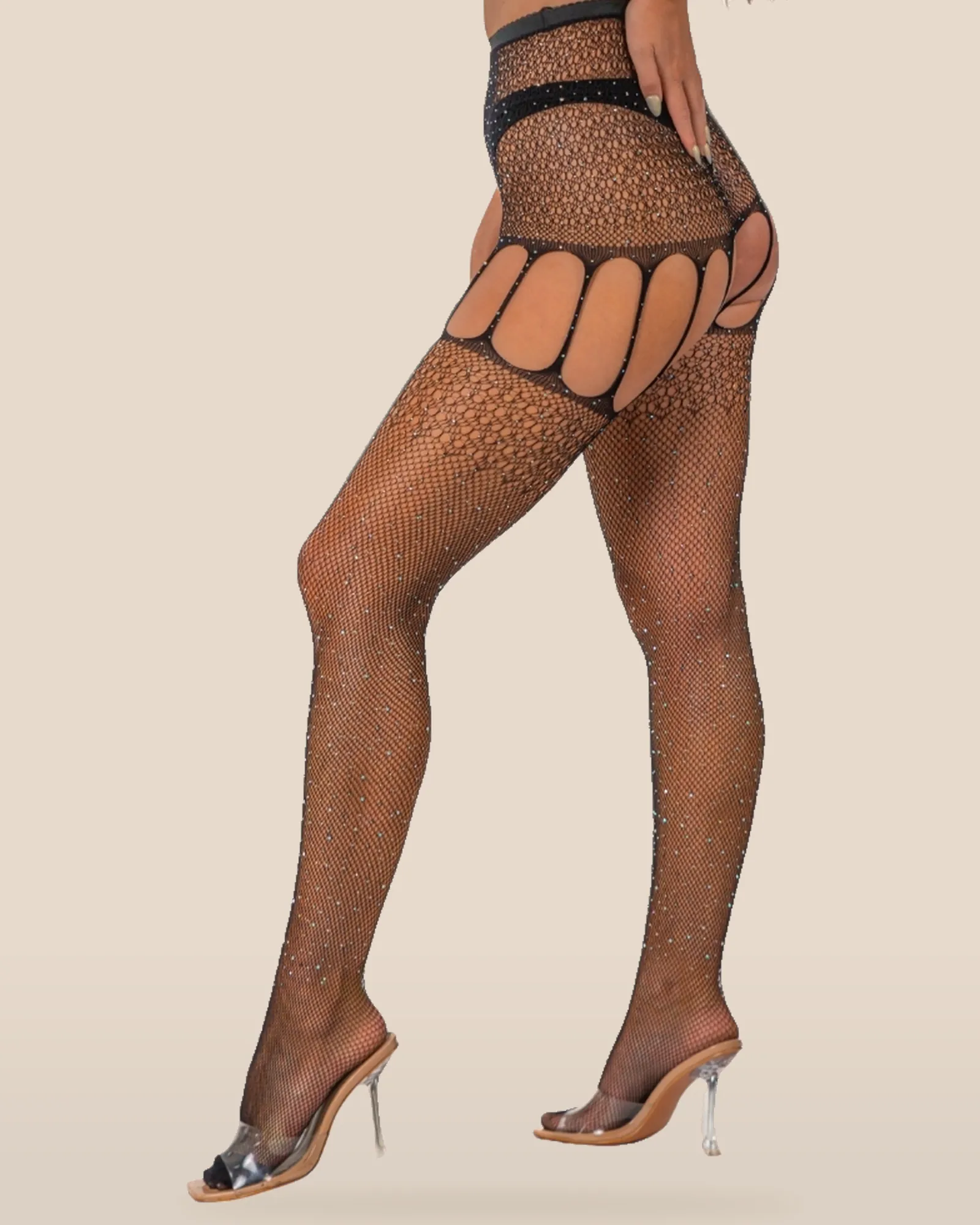 Lace by LJ Rhinestone Suspender Tights Black, view 2