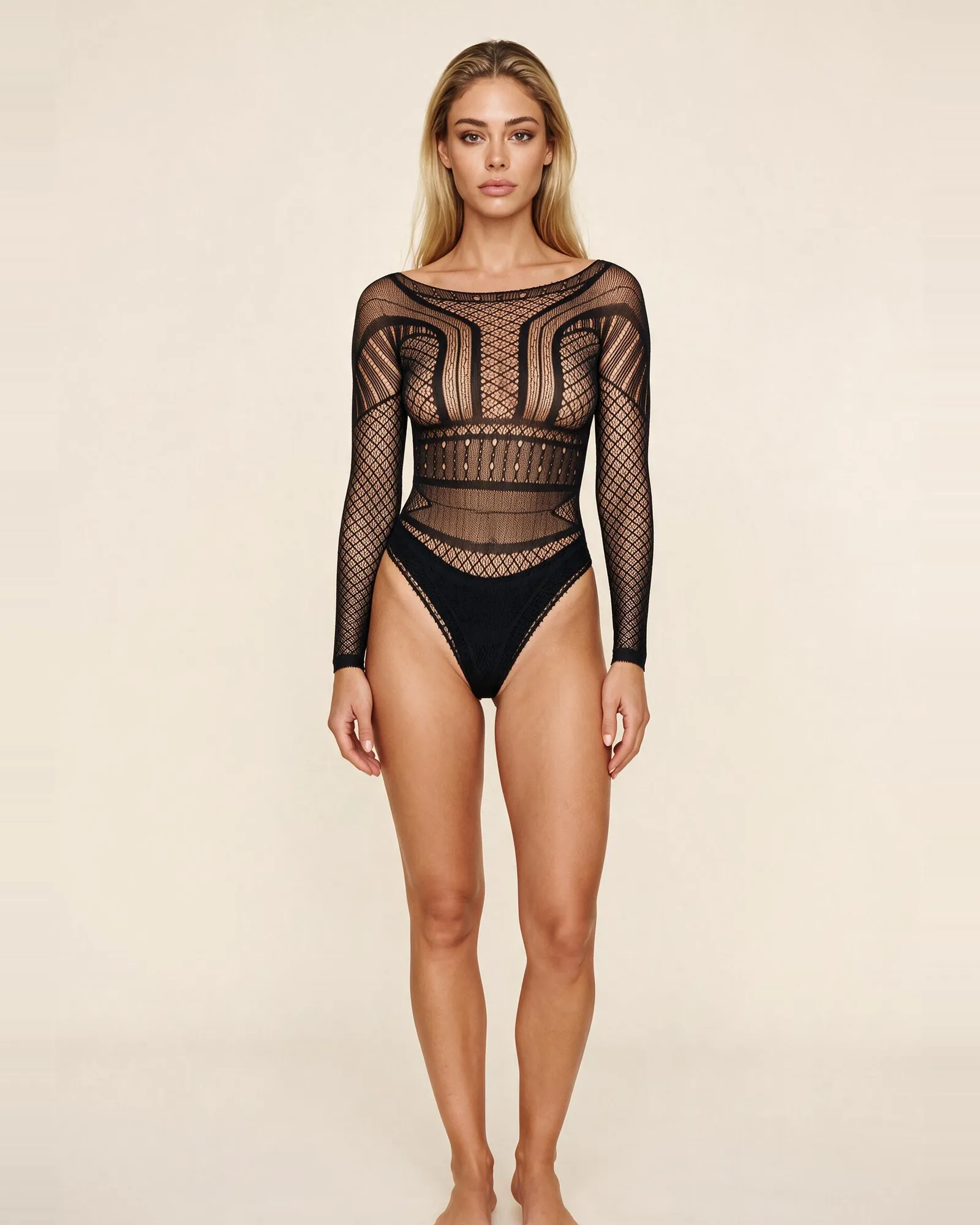 Lace by LJ Seamless Lace Long Sleeved Bodysuit Black