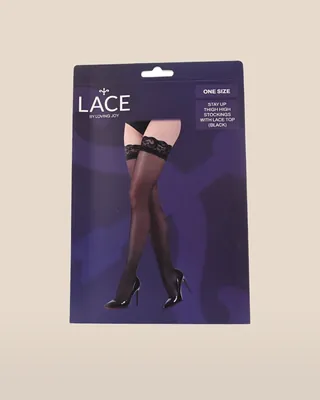 Lace by LJ Stay Up Thigh High Stockings with Lace Top Black, view 4