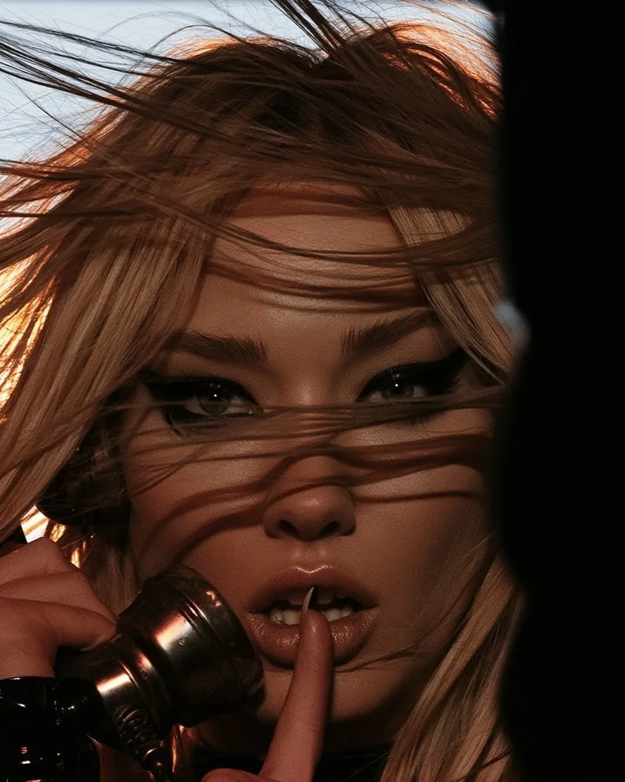 A woman with windswept blonde hair, a finger to her lips
