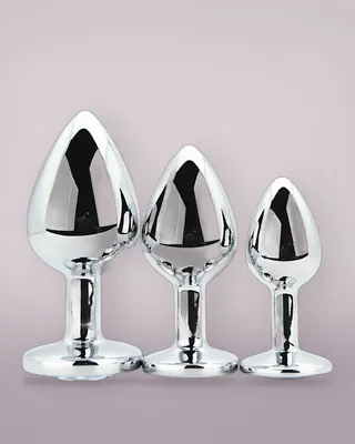 Toosh Metal Butt Plug Silver Set of 3 Clear Stone, view 1