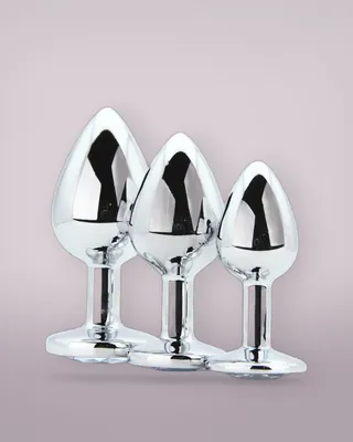 Toosh Metal Butt Plug Silver Set of 3 Clear Stone, view 2