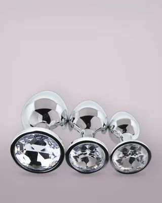 Toosh Metal Butt Plug Silver Set of 3 Clear Stone, view 3