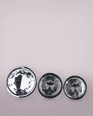 Toosh Metal Butt Plug Silver Set of 3 Clear Stone, view 4