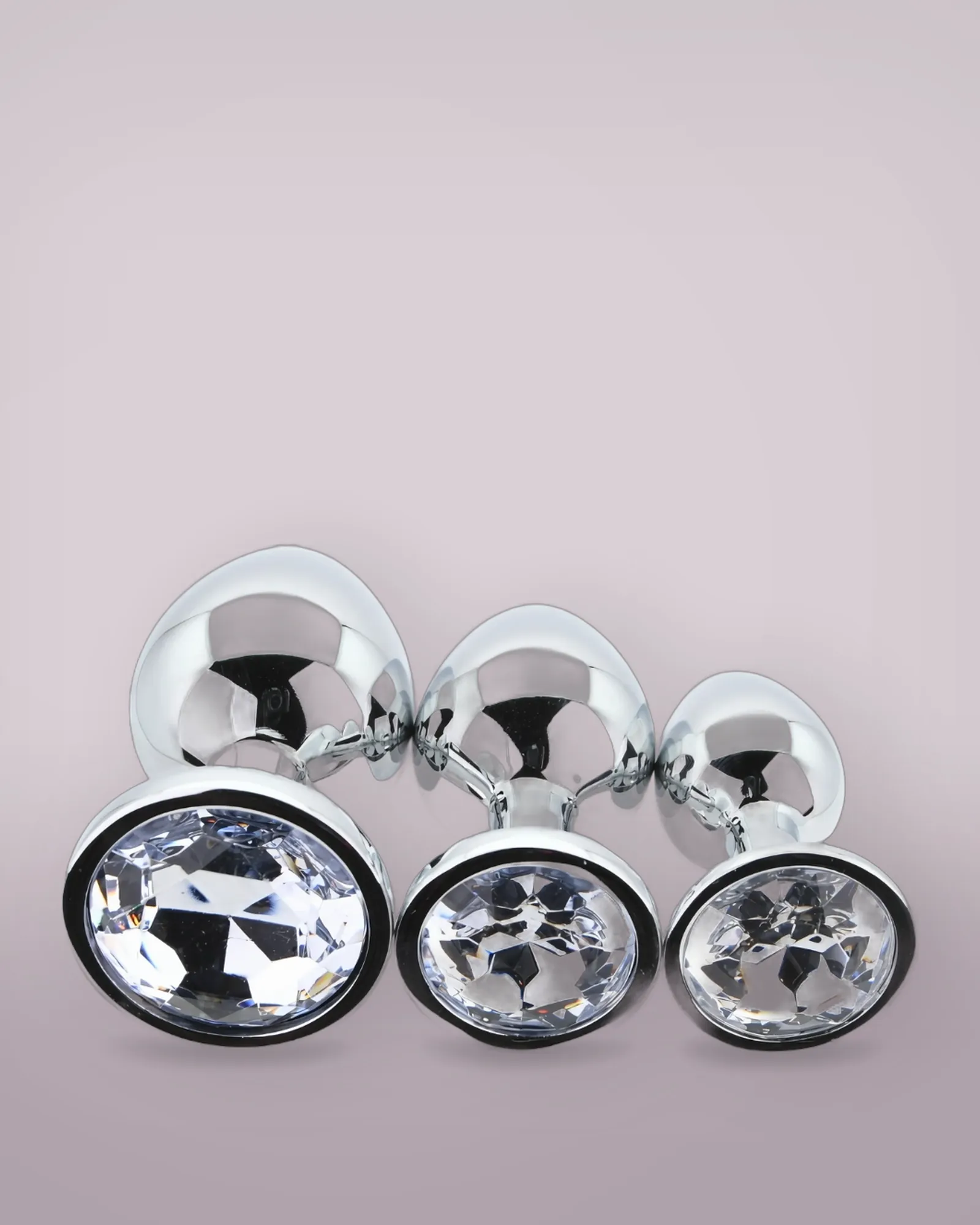 Toosh Metal Butt Plug Silver Set of 3 Clear Stone, view 3