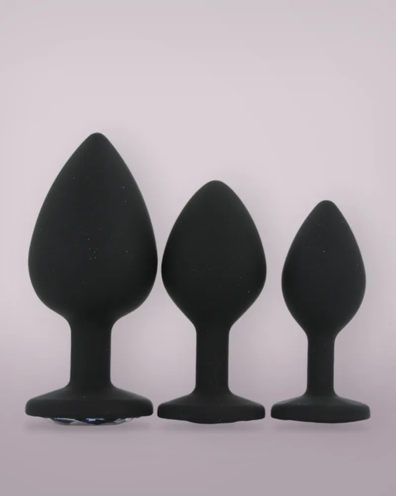 Toosh Silicone Butt Plug Black Set of 3 Clear Stone